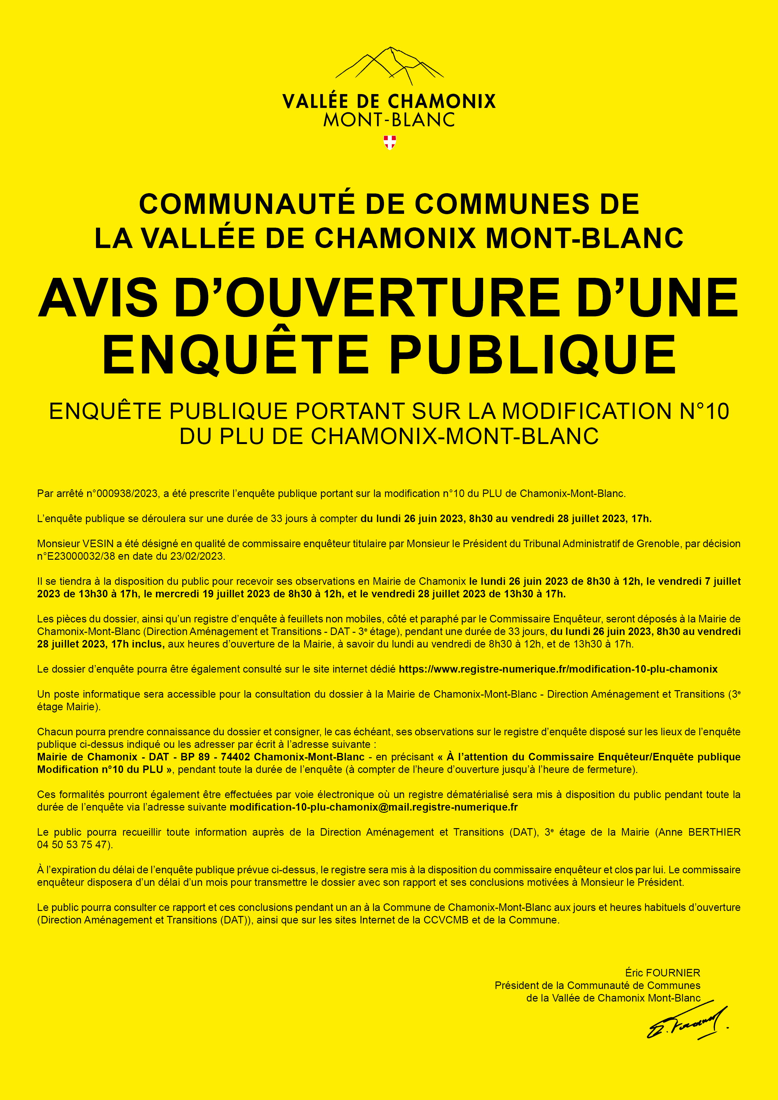 Enquête publique du lundi 26 juin au vendredi 28 juillet 2023 sur la modification 0°10 du PLU de Chamonix-Mont-Blanc