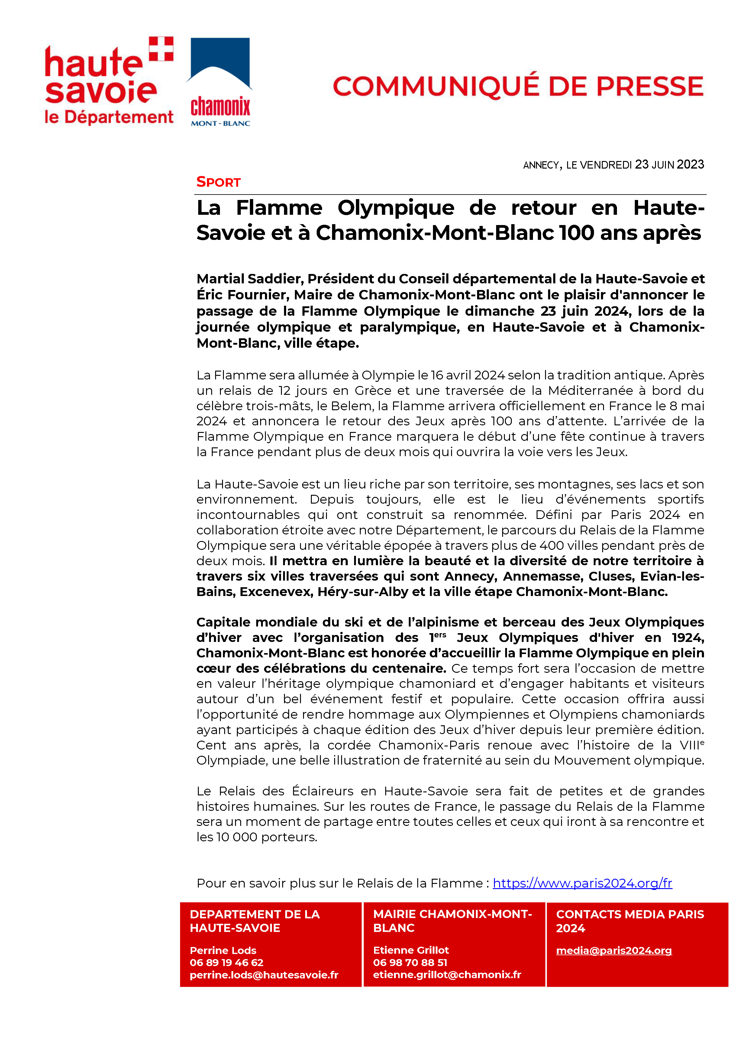Communiqué de presse relai de la flamme à Chamonix-Mon-Blanc